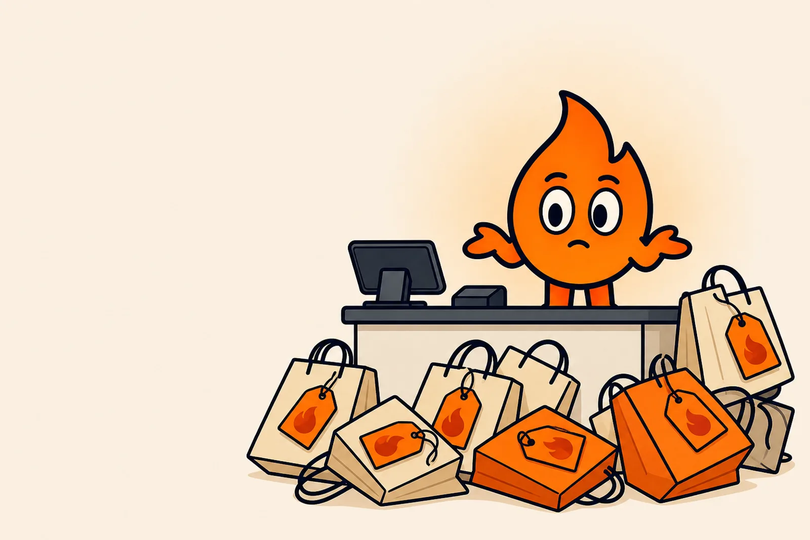 Ash puzzled by abandoned shopping bags at a checkout counter, exploring checkout abandonment.