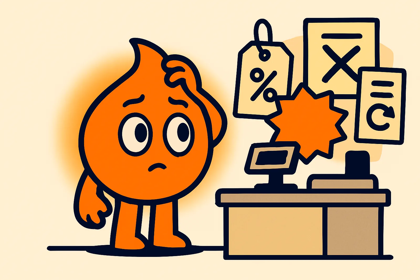 Ash puzzled by overlapping price tags and unclear policy signs on a product page.